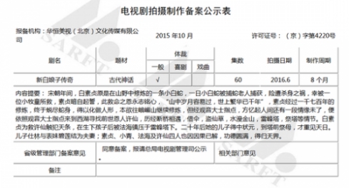 《新白娘子传奇》翻拍备案公示